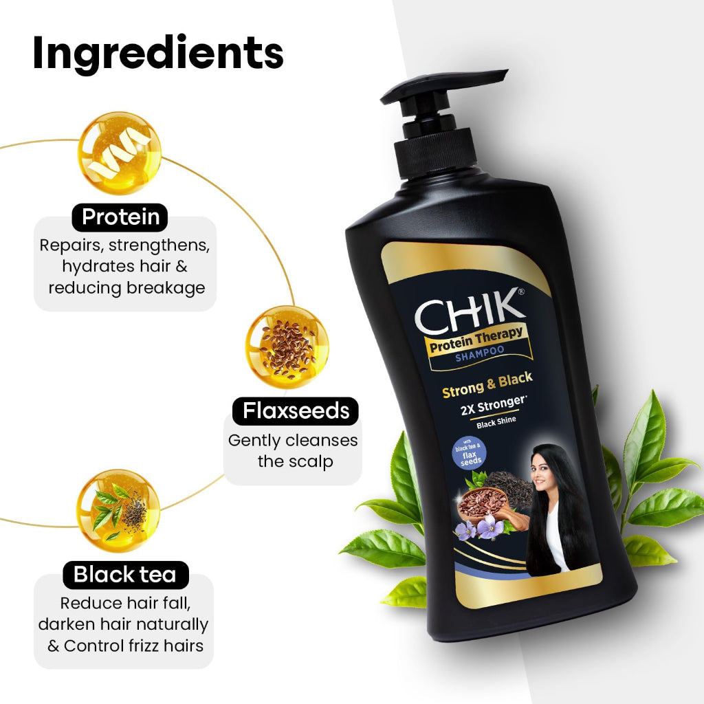 Chik Protein Therapy Shampoo |For 2X Stronger & Black Hair |With the Goodness Of Flax Seeds & Black Tea | 650ml