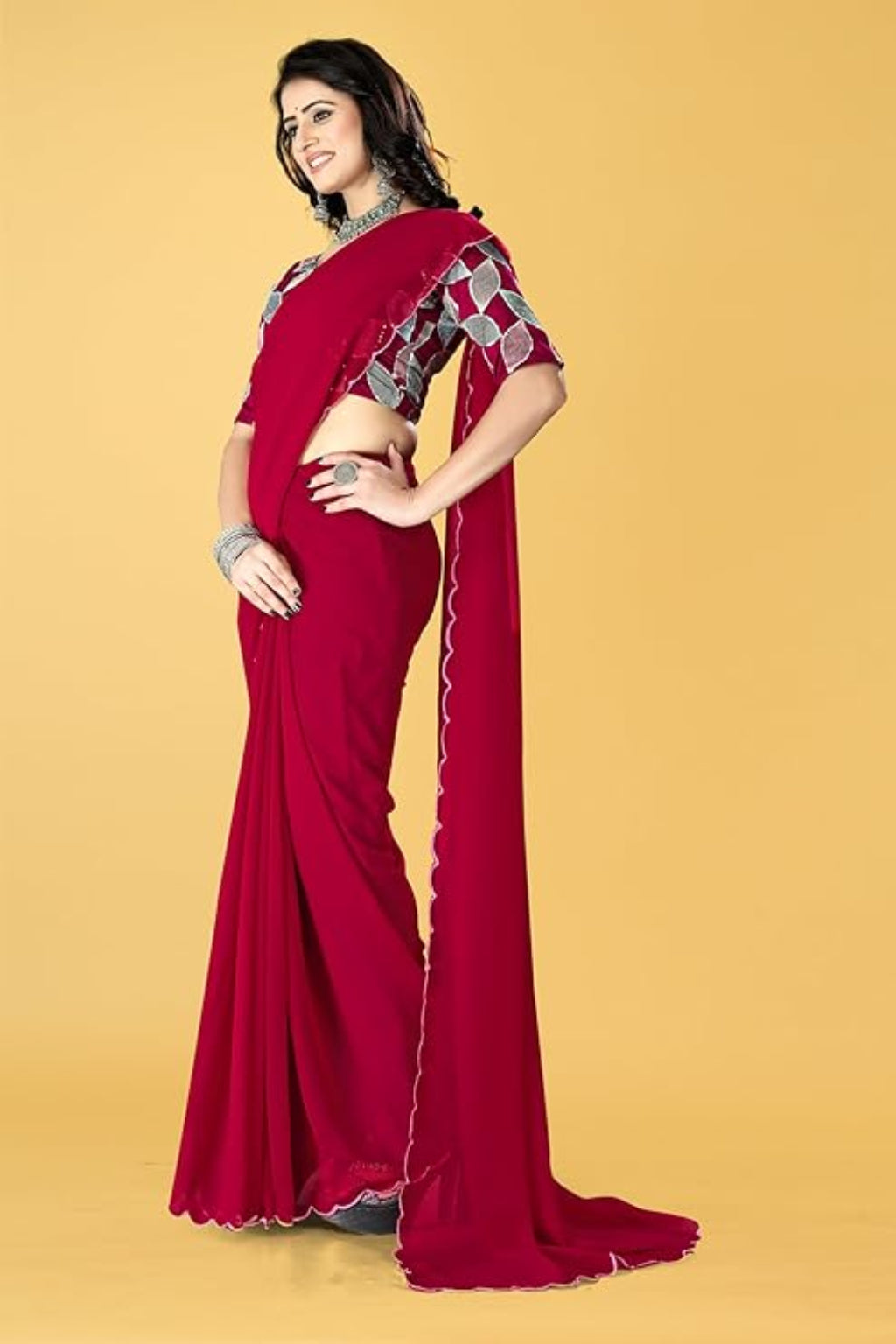 Joy Women's Georgette Cut Work Border Saree With Sequence Embroidery Work Unstitched Blouse Piece