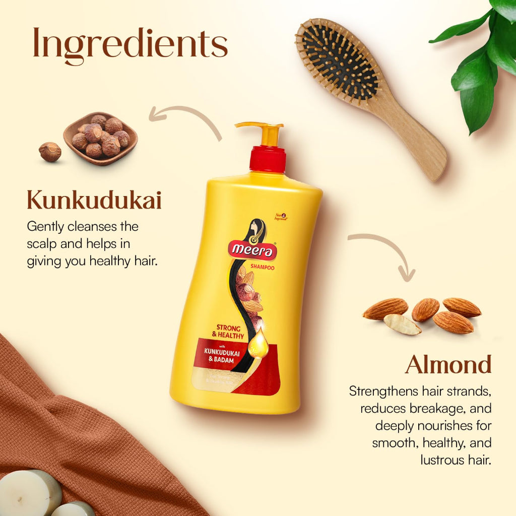Meera Strong & Healthy Shampoo, 1 litre | Strengthens Hair & Reduces Breakage | Enriched with Badam & Kunkudukai | Gentle Paraben-Free Care for Women & Men