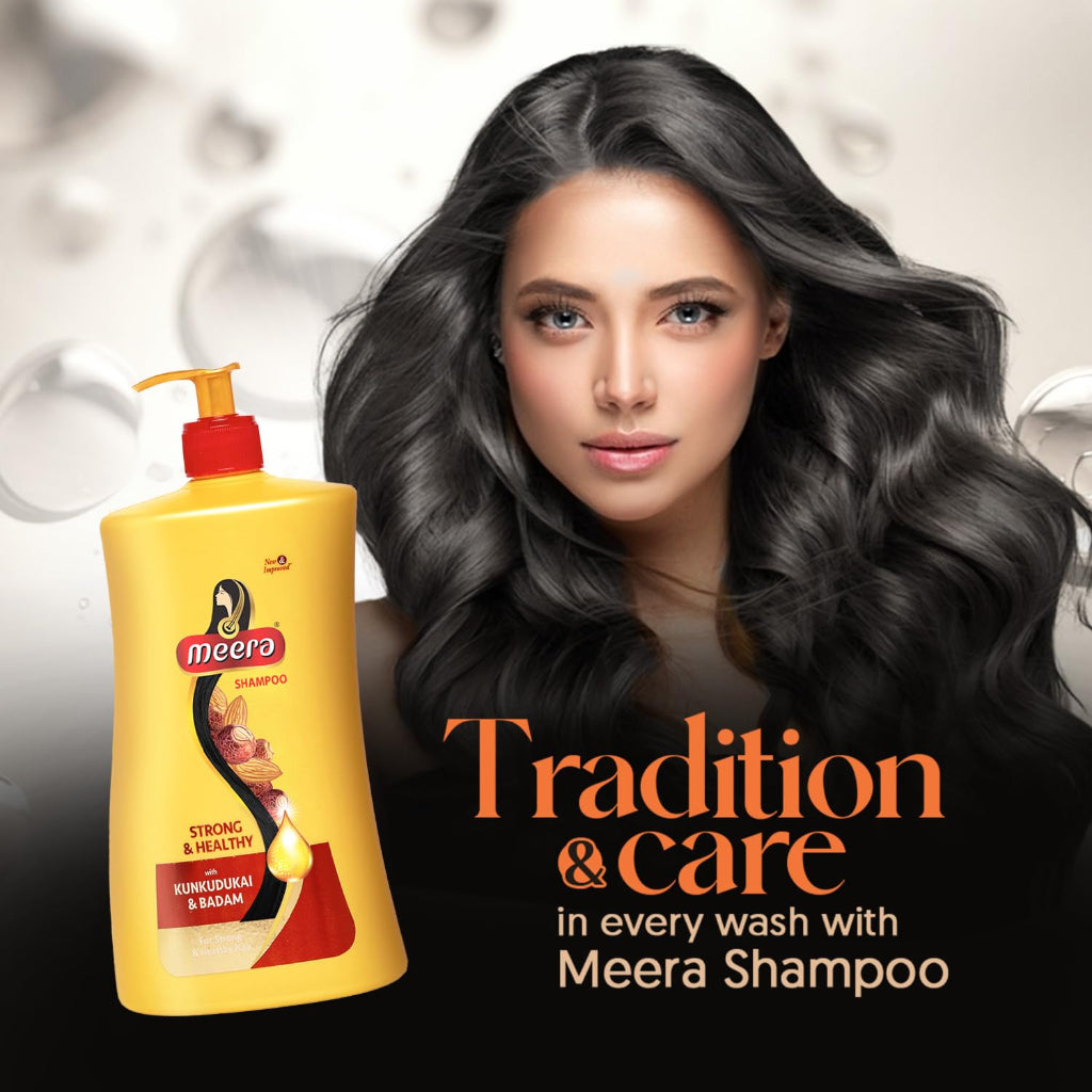 Meera Strong & Healthy Shampoo, 1 litre | Strengthens Hair & Reduces Breakage | Enriched with Badam & Kunkudukai | Gentle Paraben-Free Care for Women & Men