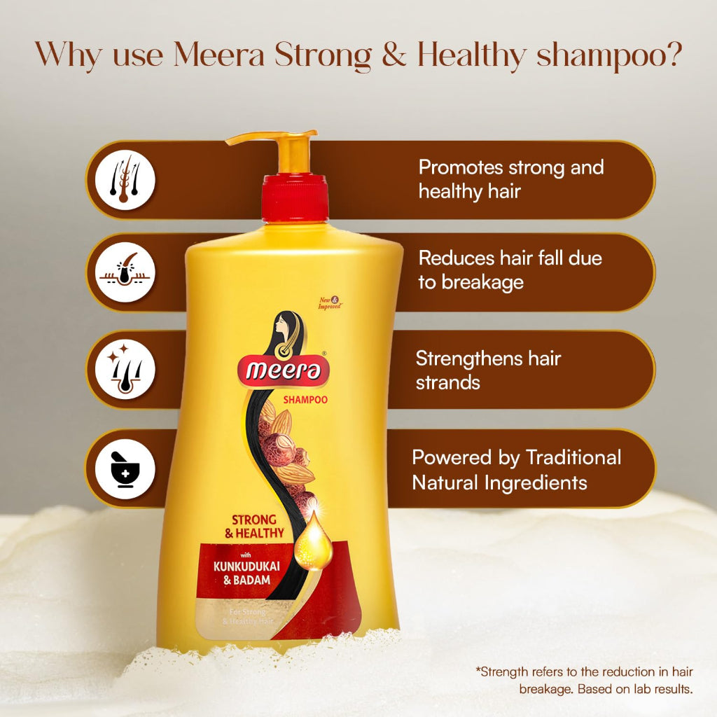 Meera Strong & Healthy Shampoo, 1 litre | Strengthens Hair & Reduces Breakage | Enriched with Badam & Kunkudukai | Gentle Paraben-Free Care for Women & Men