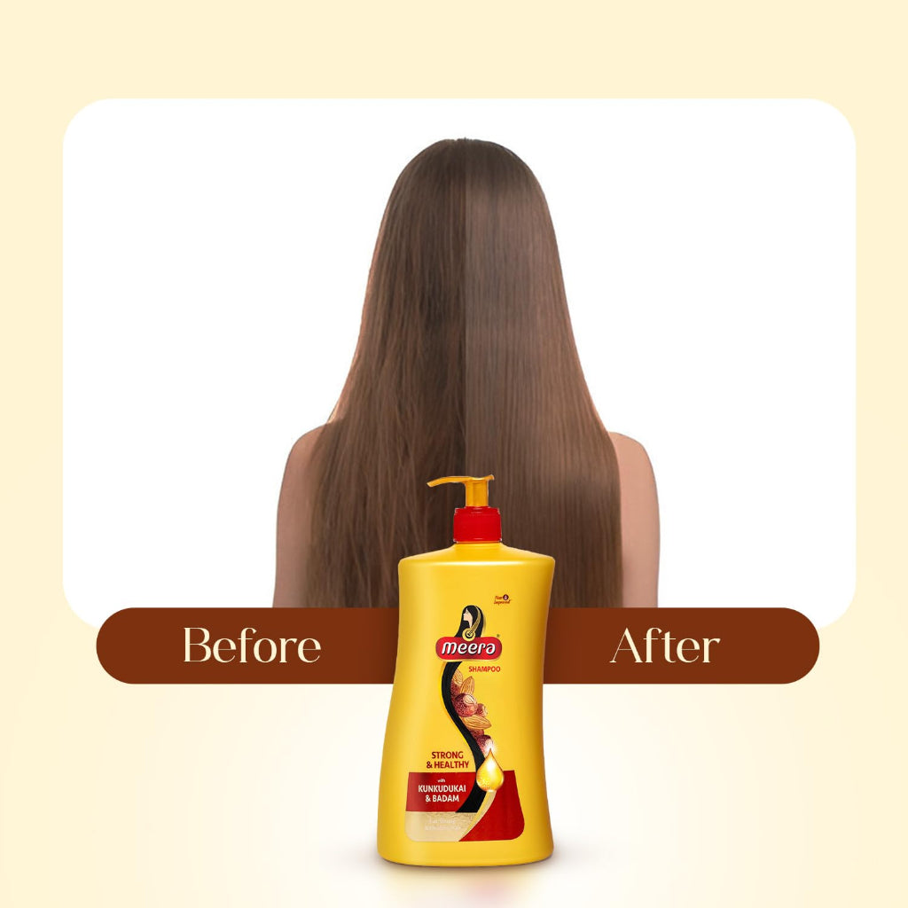 Meera Strong & Healthy Shampoo, 1 litre | Strengthens Hair & Reduces Breakage | Enriched with Badam & Kunkudukai | Gentle Paraben-Free Care for Women & Men