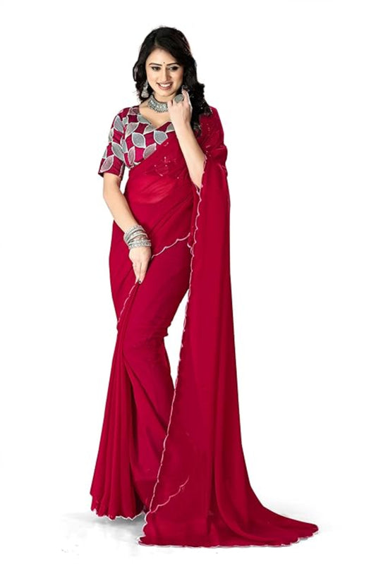 Joy Women's Georgette Cut Work Border Saree With Sequence Embroidery Work Unstitched Blouse Piece